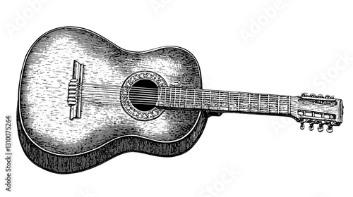 Engraved vector design of a vintage acoustic guitar illustrated in stunning detail for creative tattoo inspiration