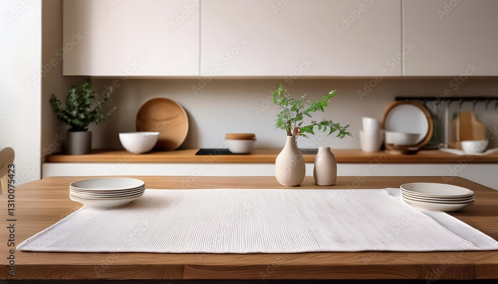 Stylish Dining Scene White Table Runner with Dishes Arrangement on a Rustic Wood Table Against an Interior Background, Exuding Elegance and Luxury Stylish Dining Scene White Table Runner with Dishes Arrangement on a Rustic Wood Table Against an Interior Background, Exuding Elegance and Luxury