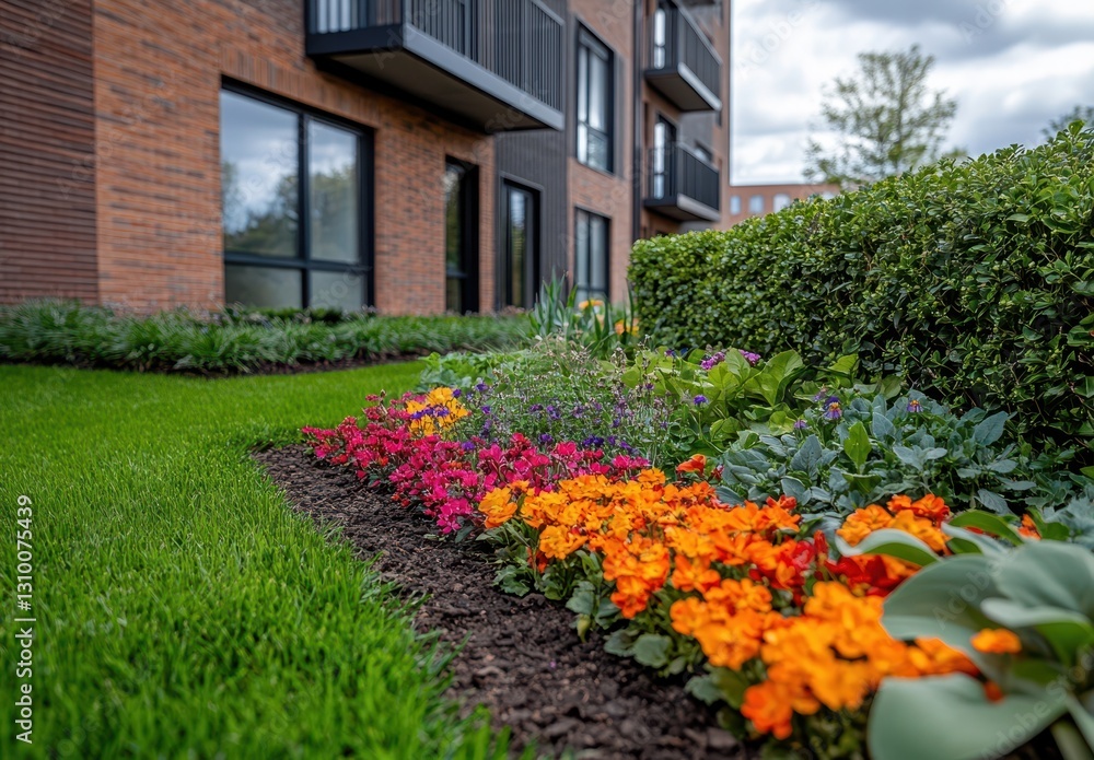 Vibrant Flower Bed in Front of Modern Residential Building Surrounded by Lush Green Lawn and Neatly Trimmed Hedges on a Cloudy Day Vibrant Flower Bed in Front of Modern Residential Building Surrounded by Lush Green Lawn and Neatly Trimmed Hedges on a Cloudy Day