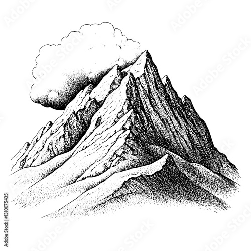 Majestic mountain peaks rise against a clouded sky in a stunning engraved illustration designed for tattoo art