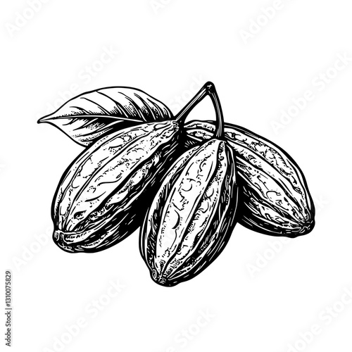 Engraved illustration of cocoa pods with leaves capturing the beauty of nature in intricate detail