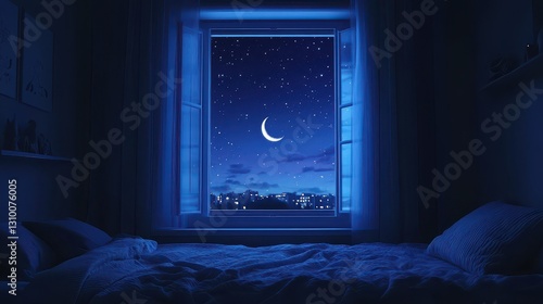 Moonlit Slumber: A Tranquil Bedroom Scene at Night Under the Starry Sky