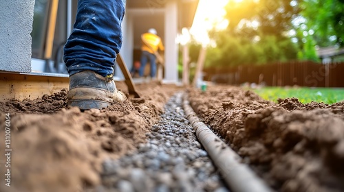 Landscaping worker installing irrigation pipe, sunny backyard construction
