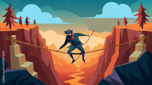 Traverse a virtual canyon on a rope bridge while fending off virtual enemies to complete your ninja training.. Vector illustration