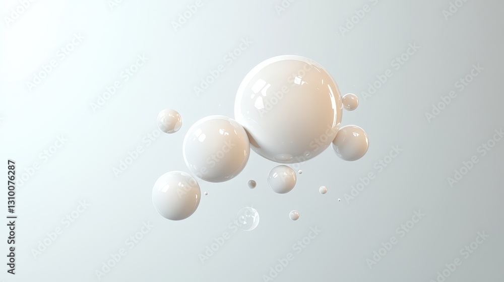 Abstract 3D rendering of white spheres floating against a light gray background. Abstract 3D rendering of white spheres floating against a light gray background.