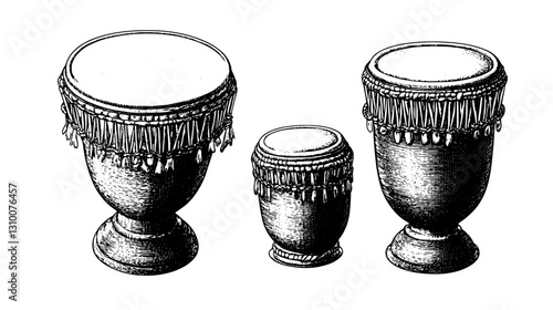 Engraved illustration of three classic conga drums portraying cultural rhythm and musical expression in historical artistry