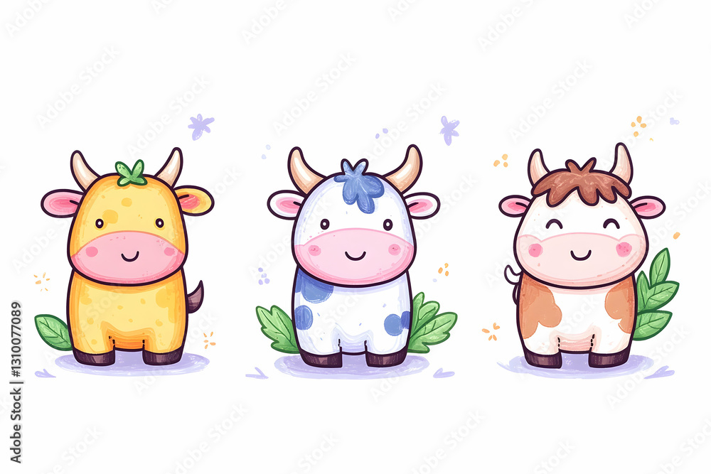 Three adorable cartoon cows, yellow, blue, brown Three adorable cartoon cows, yellow, blue, brown