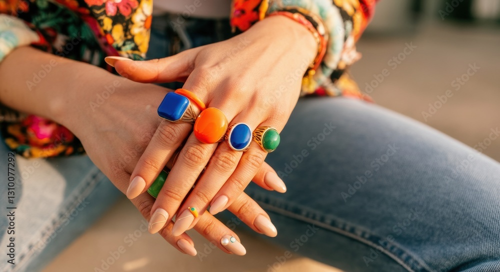 Fototapeta premium Colorful rings adorning a woman's hands, showcasing vibrant fashion accessories