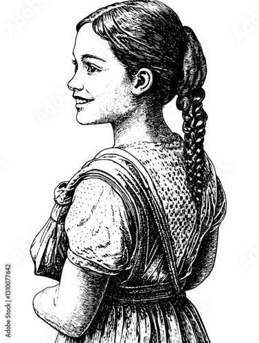 Engraved illustration of a smiling girl with braided hair showcasing a timeless innocence and charm in a serene moment