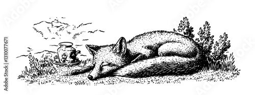 Sleepy fox resting in a tranquil meadow with a distant water jug under a clear sky