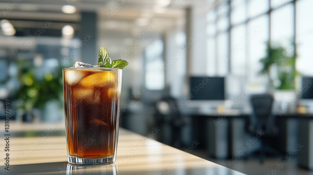 Side View of a Glass of Iced Tea on an Office Desk, with a Blurred Background of an Office Space and Ample Empty Space for Text or Messaging copy space Side View of a Glass of Iced Tea on an Office Desk, with a Blurred Background of an Office Space and Ample Empty Space for Text or Messaging copy space