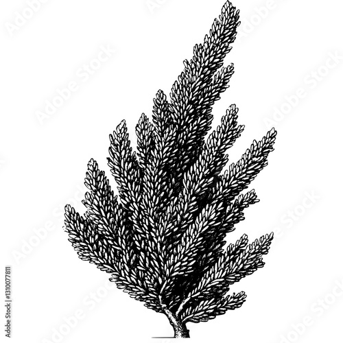 Engraved vector illustration of a detailed conifer branch, perfect for tattoo enthusiasts seeking nature-inspired designs