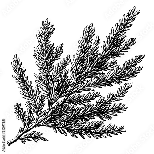 Engraved illustration of a delicate cedar branch, capturing nature's beauty in intricate vector art for tattoo enthusiasts