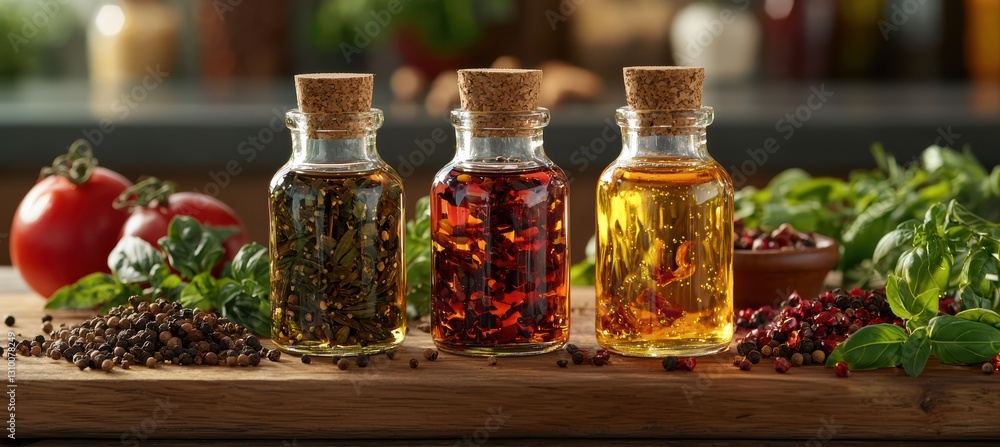 Rustic kitchen display of spices and infused oils