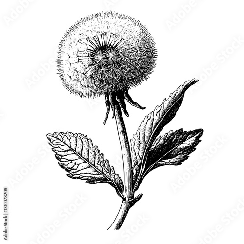 Intricate vector engraving of a dandelion flower showcasing nature's delicate beauty and artistry in design