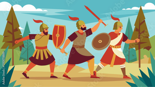 A group of dedicated enthusiasts dressed in Roman attire engaging in a handtohand combat reenactment of the Battle of the Teutoburg Forest.. Vector illustration
