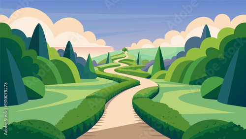 A winding path lined with towering hedges guides you through the garden inviting you to take your time and immerse yourself in the peaceful. Vector illustration