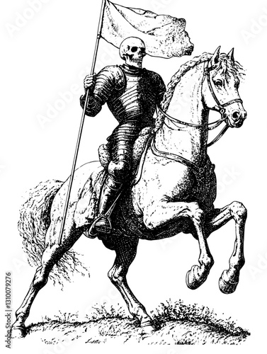 Engraved artwork of a skeletal knight on horseback brandishing a flag in a battle-ready stance