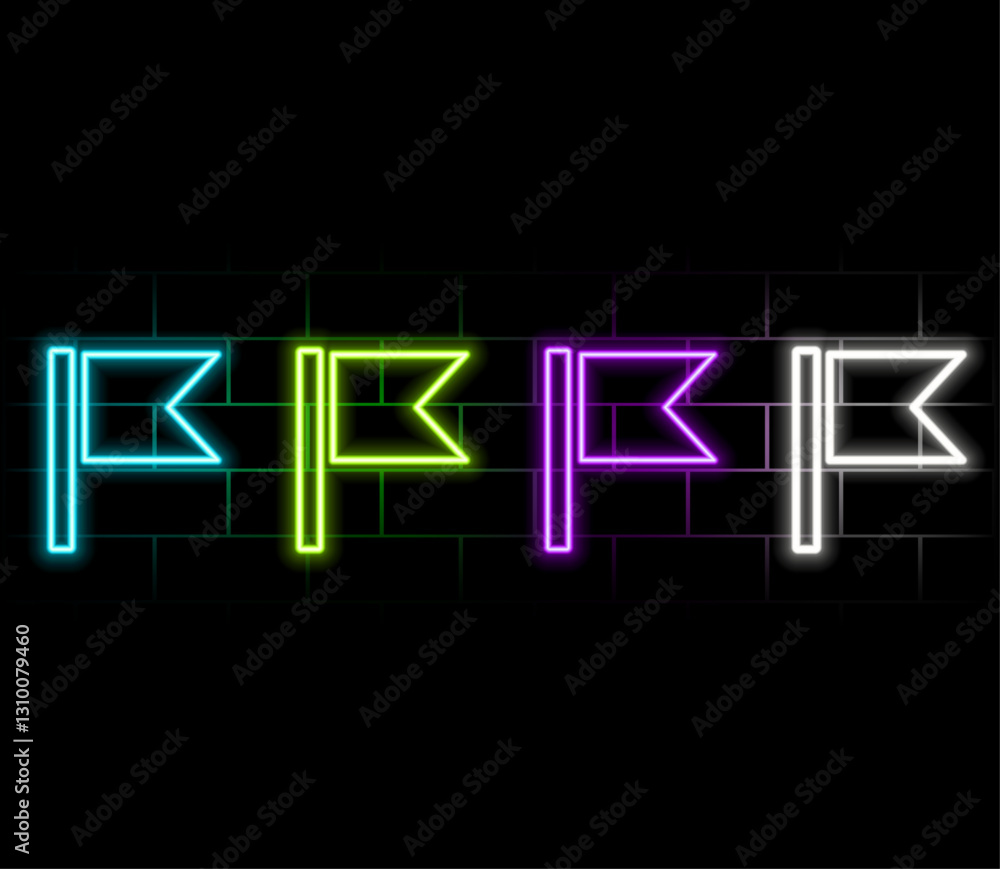 Racing flags neon icon. Crossed checkered flags on brick wall background. Car racing concept. Vector illustration can be used for neon signs, billboards, formula banners Racing flags neon icon. Crossed checkered flags on brick wall background. Car racing concept. Vector illustration can be used for neon signs, billboards, formula banners