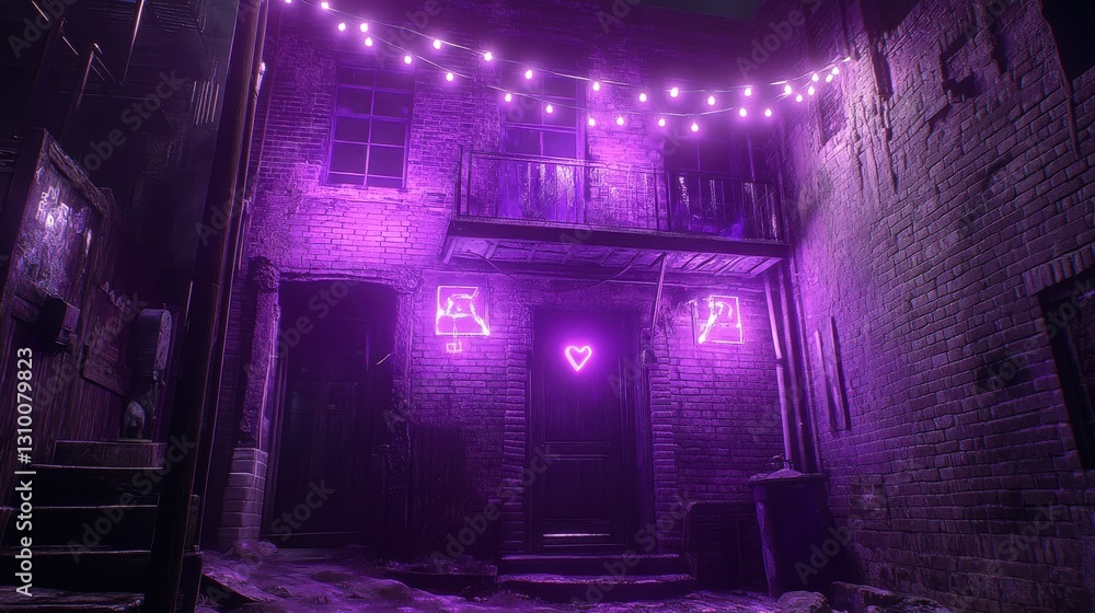 Fototapeta premium Urban Alleyway in Cyberpunk Glow: Neon Lights and Brick Facade