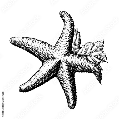 Engraved vector art of a starfish adorned with ocean foliage for tattoo inspiration
