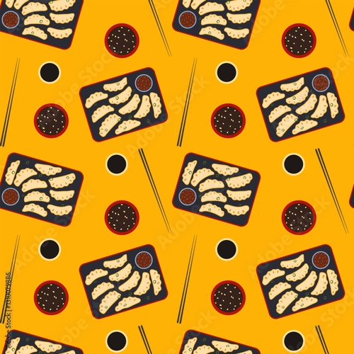 Delicious gyoza vector seamless pattern. Korean dumplings mandu on serving plate, chopsticks and sauce on bright yellow background. Traditional asian dish repeat design for menu, packaging, print