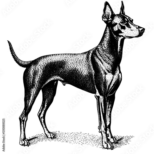 Elegant standing dog illustration showcasing intricate engraved details in a classic tattoo style
