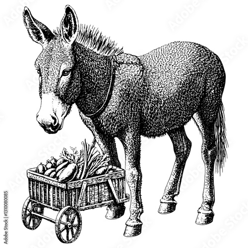 Engraved illustration of a donkey pulling a cart filled with fresh vegetables in a rustic farm setting