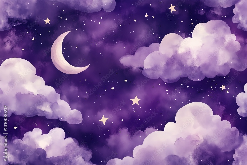 Watercolor Night Sky Seamless Pattern Clouds Stars Moon Purple Background Watercolor Night Sky Seamless Pattern Clouds Stars Moon Purple Background