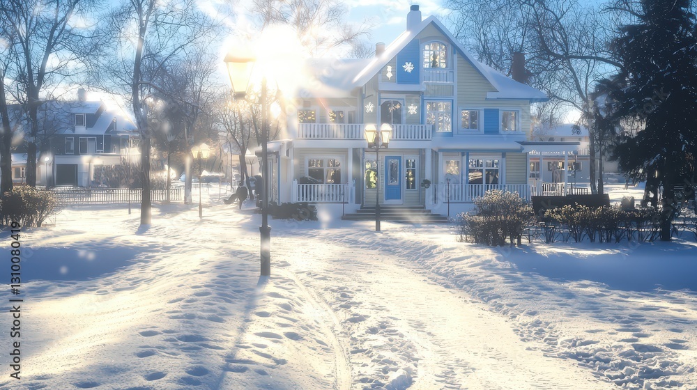 Sunny winter day, snow-covered street, houses Sunny winter day, snow-covered street, houses