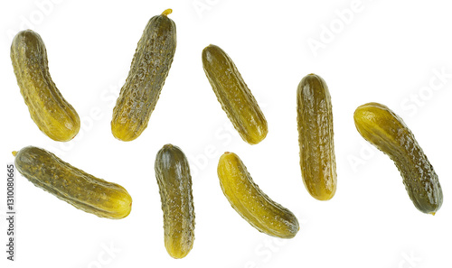 Collection of marinated pickled cucumbers isolated on a white background, view from above.