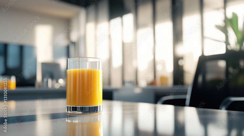 Side View of a Glass of Orange Juice on a Clean Desk, with a Blurred Office Background and Ample Space on the Right for Text or Advertising copy space Side View of a Glass of Orange Juice on a Clean Desk, with a Blurred Office Background and Ample Space on the Right for Text or Advertising copy space