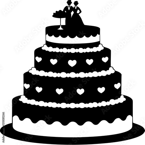 Stylized wedding cake illustration with bride and groom figurines on top