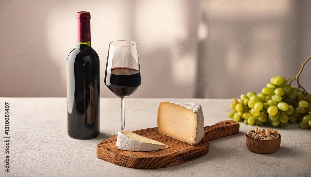 Naklejka premium Exquisite Wine Beneath Soft Cheese Board and Crystal Glass on a Minimalist Light Table, Elevating the Aesthetic of Artful Food Presentation in an Intimate Setting.
