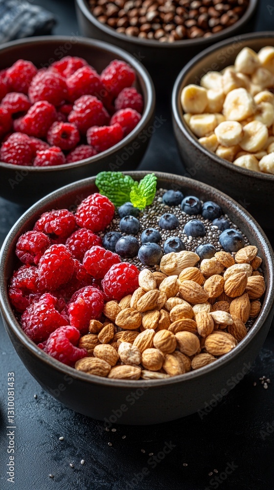Colorful berry and nut acai bowl with mint Colorful berry and nut acai bowl with mint