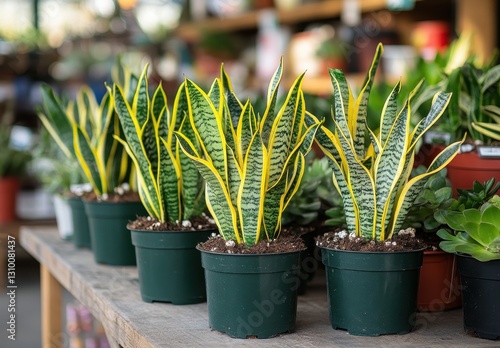 Wallpaper Mural Vibrant Snake Plants with Yellow Edges in Pots Displayed on a Wooden Table in a Lively Greenhouse Atmosphere Torontodigital.ca