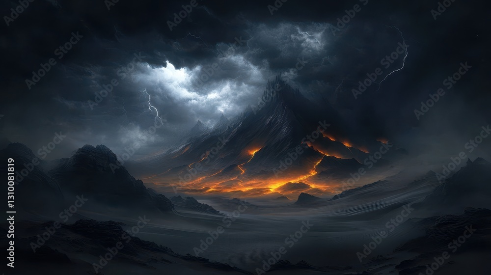 A dramatic landscape with imposing mountains under dark storm clouds.