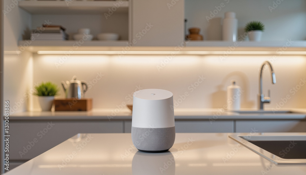 Sleek virtual assistant device on modern kitchen counter, smart living Sleek virtual assistant device on modern kitchen counter, smart living