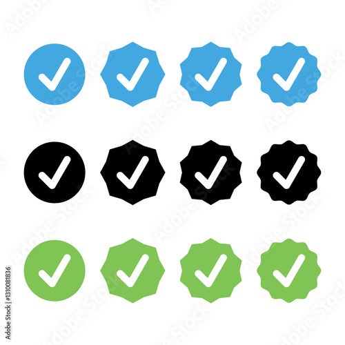 Verified badge icon tick symbol Vector blue, black, green verification badge approved check mark icon - Quality certify icon. Vector icons. official account profile verify