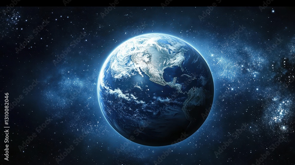 Discover the captivating beauty of an Earth-like planet shrouded in a glowing blue atmosphere.