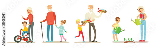 Grandparent with Boy and Girl Kid Spend Time Vector Set