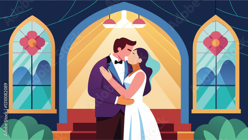 Jubilant cheers erupted as the couple shared their first kiss as newlyweds once again under the stained glass windows of the chapel.. Vector illustration