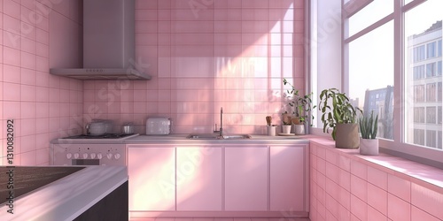 A modern kitchen interior showcases pink tiles and sunlight streams