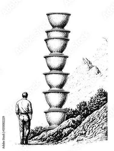 Intricate engraving of a man gazing at a towering stack of bowls in a serene landscape during twilight