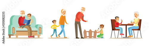 Grandparent with Boy Kid Spend Time Vector Set
