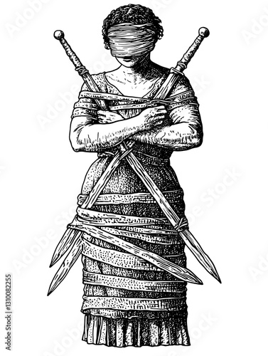 Engraved tattoo illustration of a blindfolded figure wrapped in swords, embodying strength and resilience in a detailed vector art style