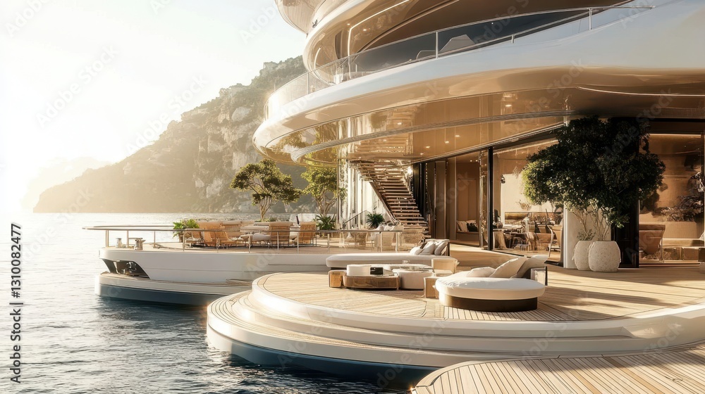 Exterior view of an opulent super yacht showcasing elegant design.