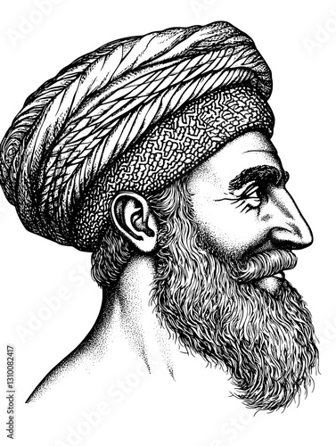 Elegant side profile of a man wearing a turban with intricate patterns, showcasing traditional artistry in tattoo design