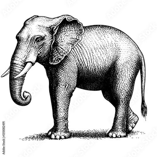 Engraved illustration of a majestic elephant roaming freely in the wild, embodying strength and grace in an artistic tattoo style
