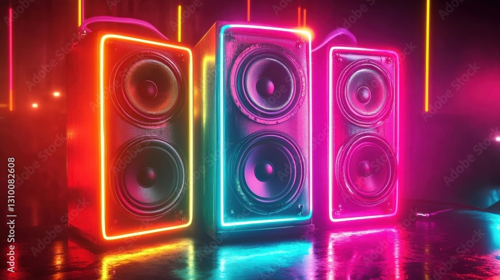 A striking display features four unique speaker silhouettes against neon hues.